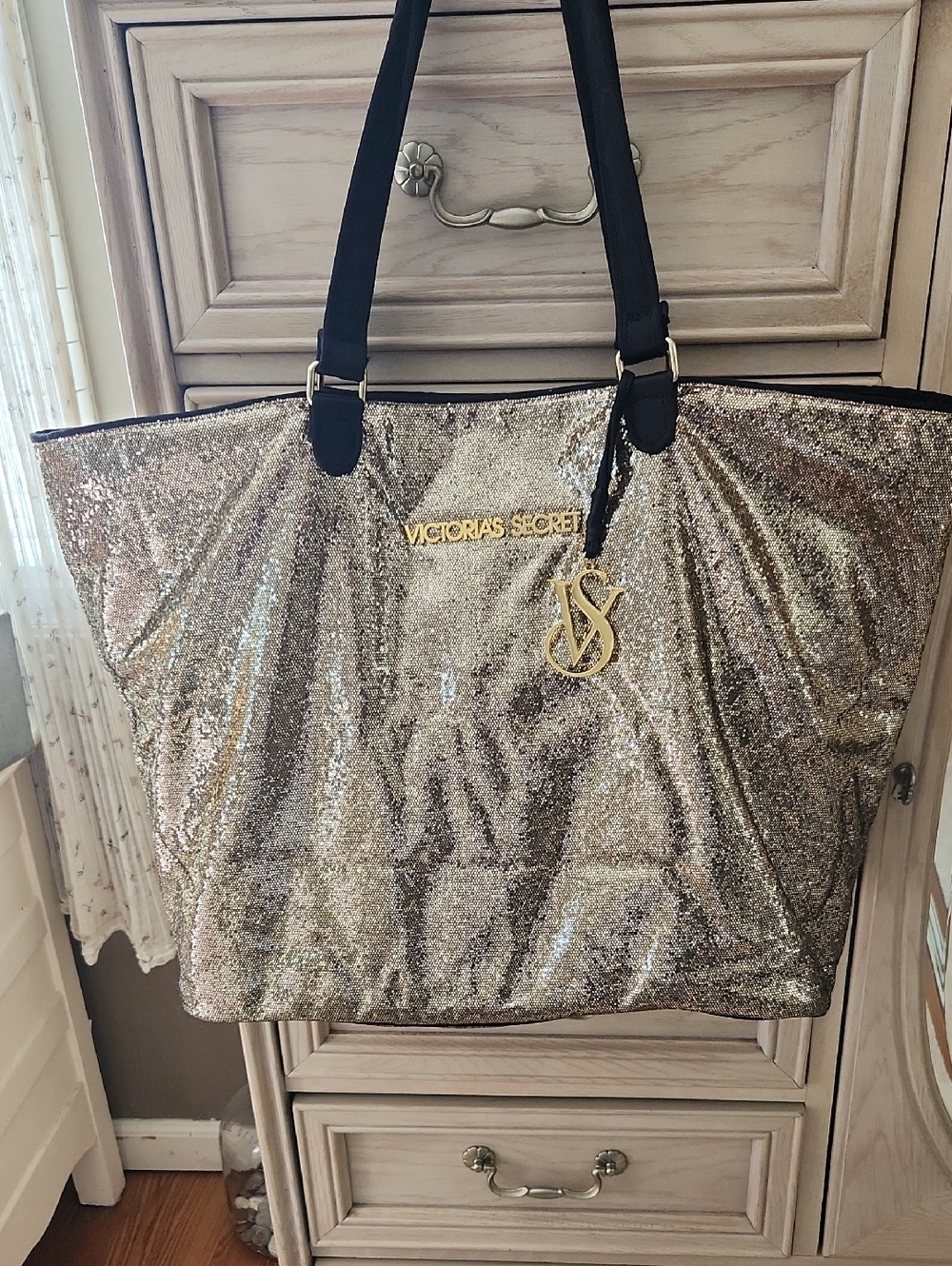 Victoria's Secret Gold Sequin Tote with Black Straps